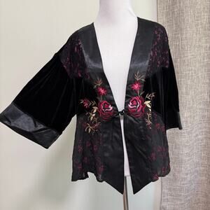 Velvet Kimono Cardigan M Petite Black Pink Whimsygoth Dark Fairy Rose Sheer Lace